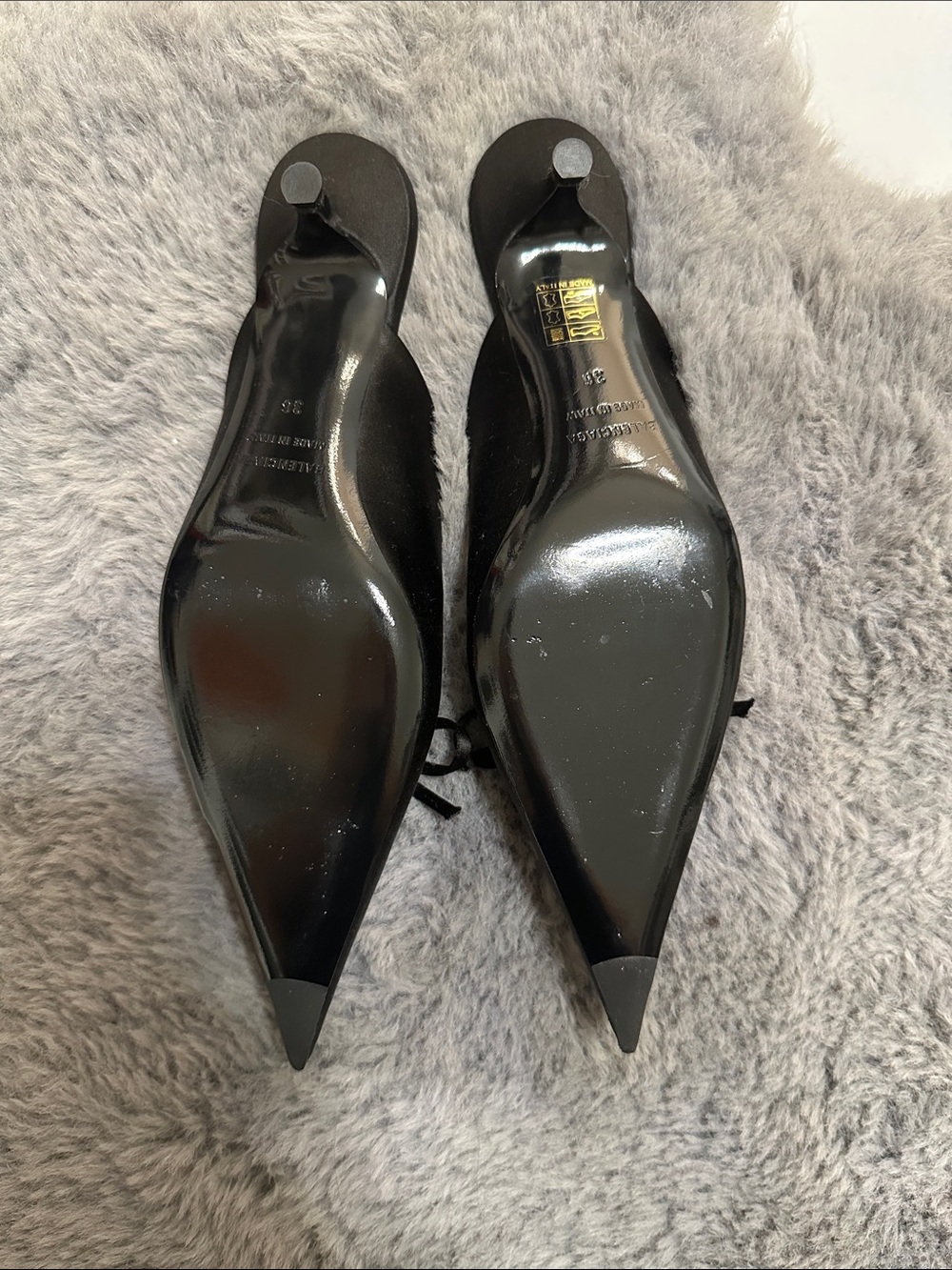 Balenciaga Black Pointed Satin Bow Slip-On Mules - Picture 3 of 5